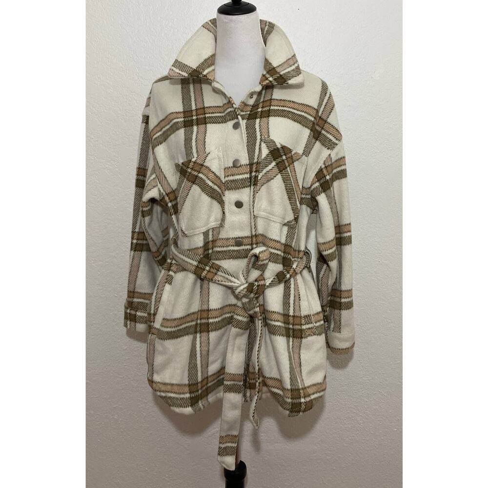 Eloquii Elements Size 14/16 Cream Tan Plaid Wool Blend Shacket with Belt Pocket